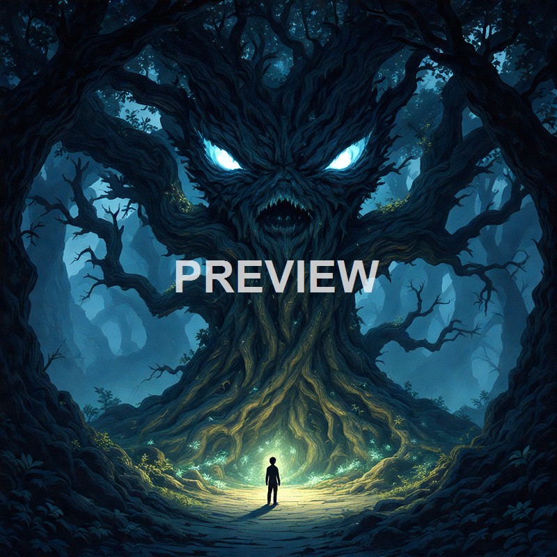 A person standing in front of a massive, menacing, animated tree with glowing eyes and a mouth, in a dark, eerie forest illuminated by a mysterious light source.